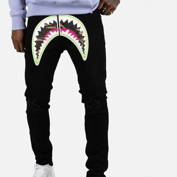 Eternity Camo Shark Mouth Neon Color Pop Denim Black Jeans Men’s Size 34 - Picture 1 of 12
